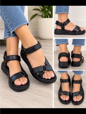 AEROSOLES Black Croc-Embossed Strappy Sandals